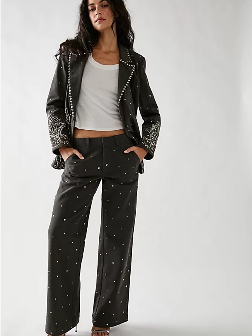Free People embellished Studded washed Wide-Leg Pant suit Brenda knight